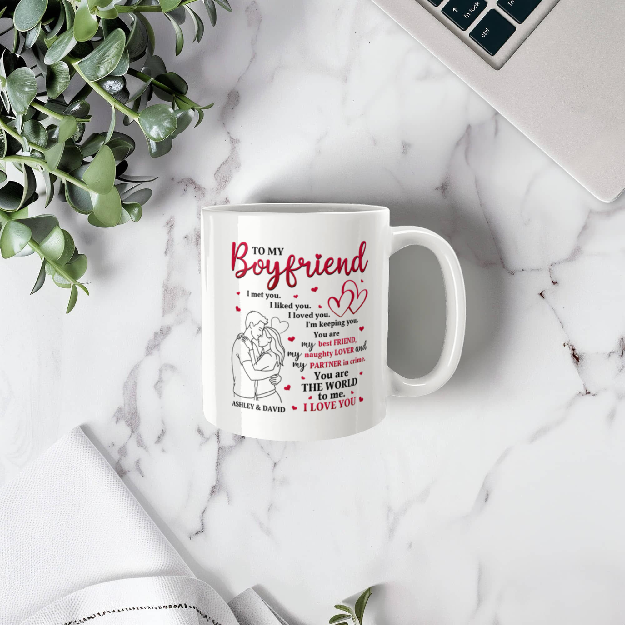 Personalized Boyfriend Mug – “To My Boyfriend” Love Coffee Mug, Custom Names Romantic Gift for Him