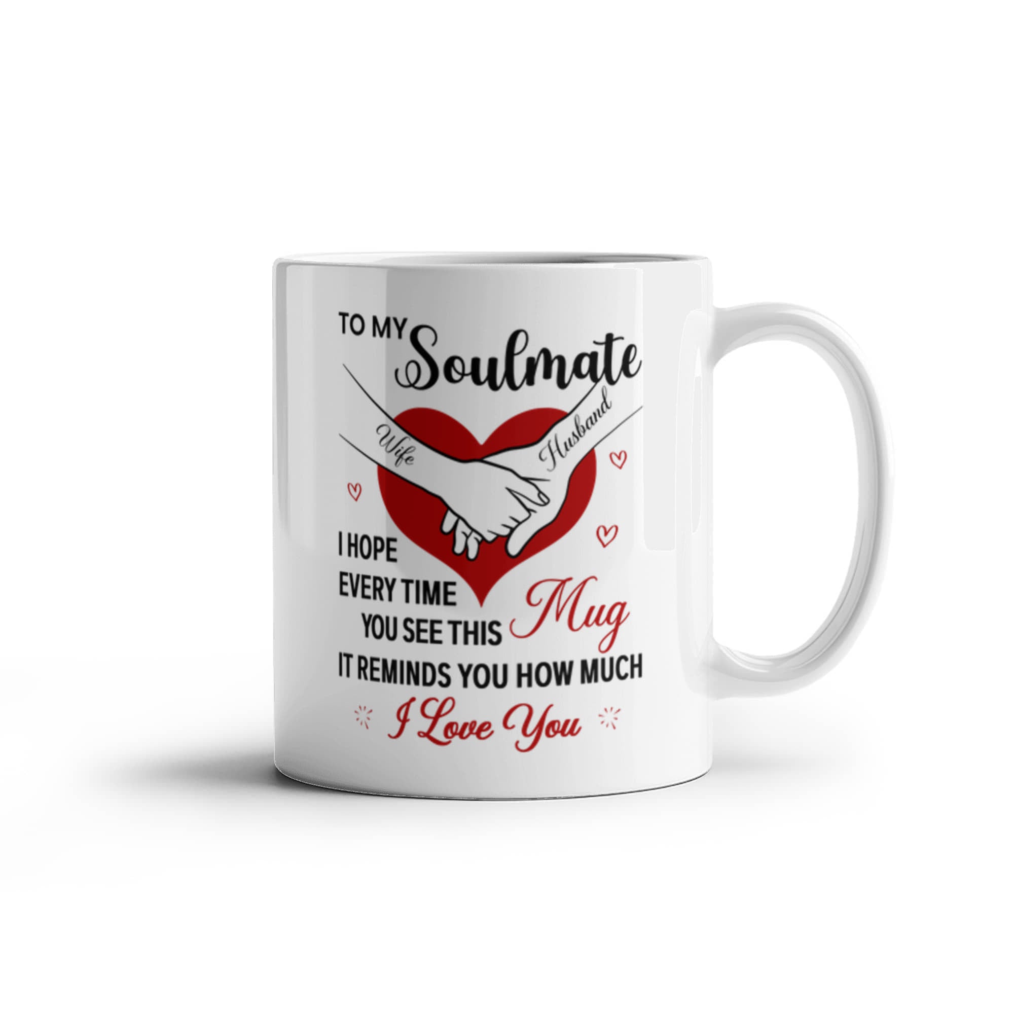 White ceramic soulmate mug with heart design